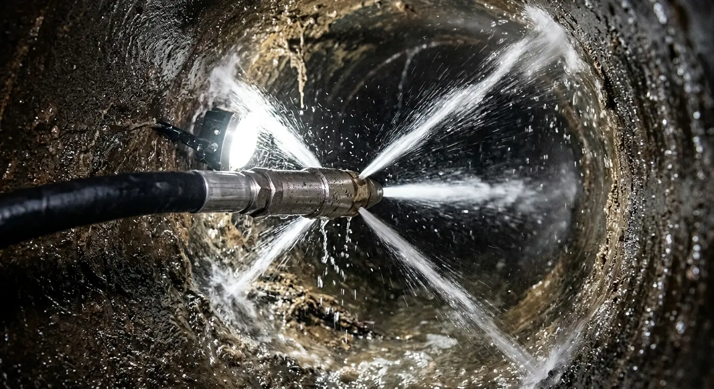 High-pressure hydro jetting nozzle cleaning sewer pipe for Sewer Line Relining in Lewisville