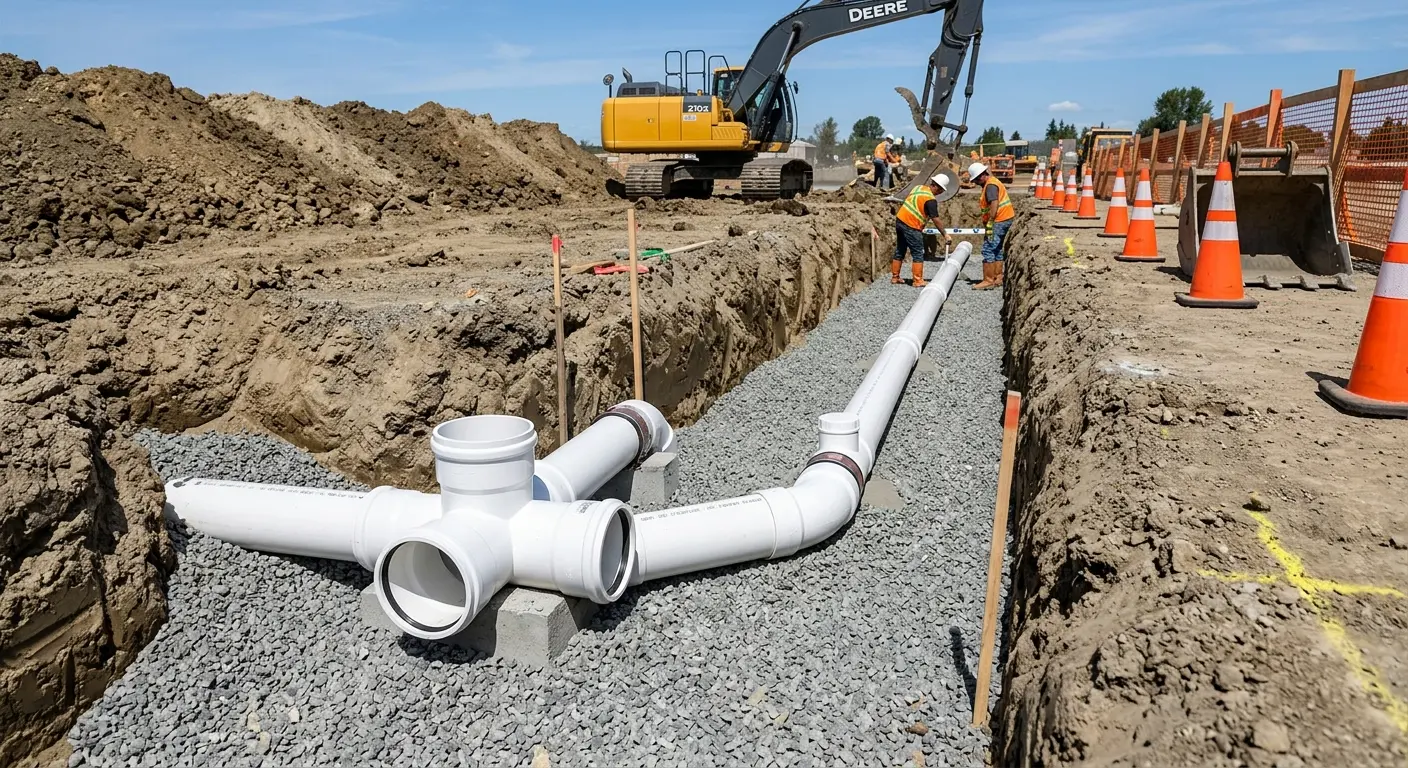New PVC sewer pipe installation in open trench for Sewer Backup in Lewisville