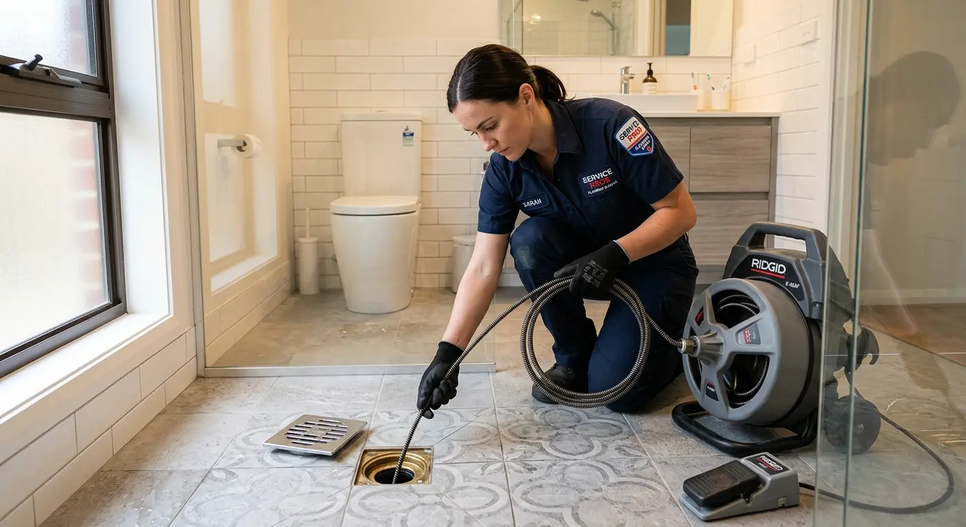 Technician clearing a bathroom floor drain for Drain Cleaning in Lewisville